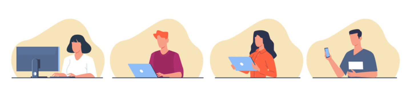 People sit at their computers, laptops, tablets, and smartphones. Young male and female characters using gadgets for working and studying. Online communication. Cartoon flat vector set