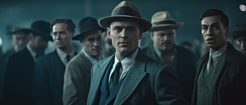 A man in old fashion gangster style surrounded by people