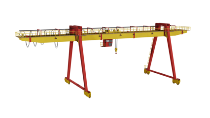 Industrial gantry crane for port or railway on isolated background, transparent alpha channel png