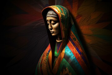 Wooden colorful figure of virgin Maria. Religious cultural chapel faith spiritual sculpture. Generate ai - obrazy, fototapety, plakaty