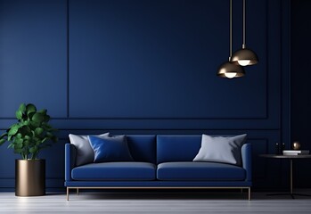 Dark blue sofa with throw pillows against molding dark blue wall mockup. Lamp bulbs hanging from the ceiling. Round coffee table and plant in a vase. Luxury modern home interior design of living room.