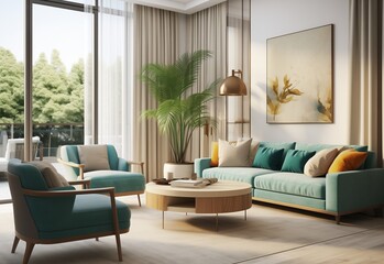 Turquoise sofa with orange, white and turquoise pillows against plain wall. Two armchair sofa and round table on the rug near window. Scandinavian home interior design of modern living room.