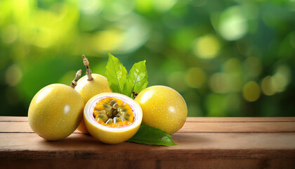 yellow passionfruit on wood with a blurred green background