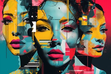 Collage of multicolored female portraits with geometric and abstract elements. Dynamic pop art style. Suitable for poster, banner, or print. Modern artwork