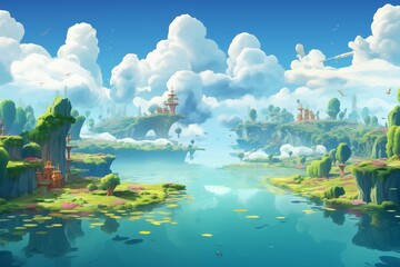 Serene fantasy landscape with vibrant greenery, tranquil river, and whimsical cloud formations. Peaceful nature backdrop. Fantasy illustration for concept, backdrop, design