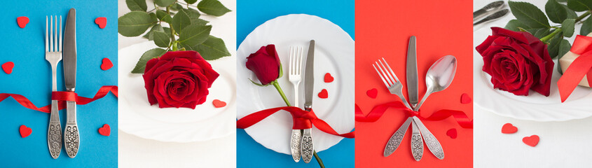 Collage of table setting for Valentine's day on the colored background. Close-up.