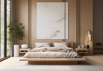 Japandi style modern bedroom with bed near big window and side tables and plant against a wall with painting.