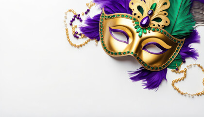 Mardi gras mask with beads and feathers and copy space isolated on white