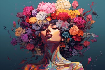 Ethereal woman with a luxurious crown of assorted flowers. Springtime and floral beauty. Surreal illustration for poster, print, or wallpaper. Conceptual art