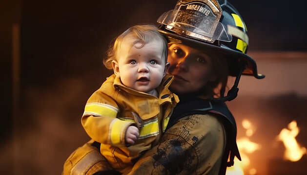 a fireman holding a baby running out of a burning house. standing in burning home