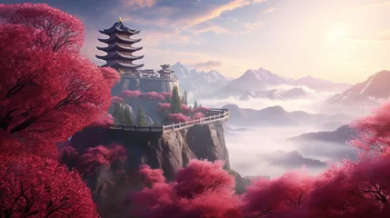 Papier Peint photo Bordeaux Stunning mountain view of Asian temple amidst mist and blooming sakura trees in misty haze symbolizing harmony between nature and spirituality, breathtaking allure of nature