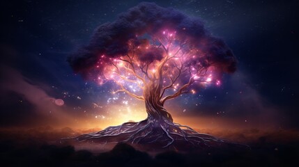 Magical tree with neon glows amidst colorful night sky illuminated by celestial lights symbolizing magic of making wishes upon stars and pursuing dreams in dreamlike landscape - obrazy, fototapety, plakaty