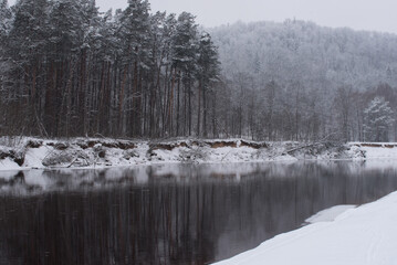 snowy and frosted trees on the river bank in winter