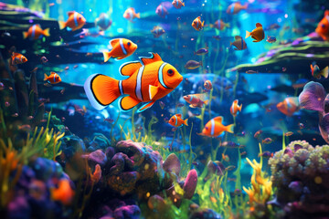 Fototapeta na wymiar Beautiful orange fish in the depths. Underwater fishing concept