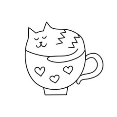 Doodle outline cat cappuccino in cup.