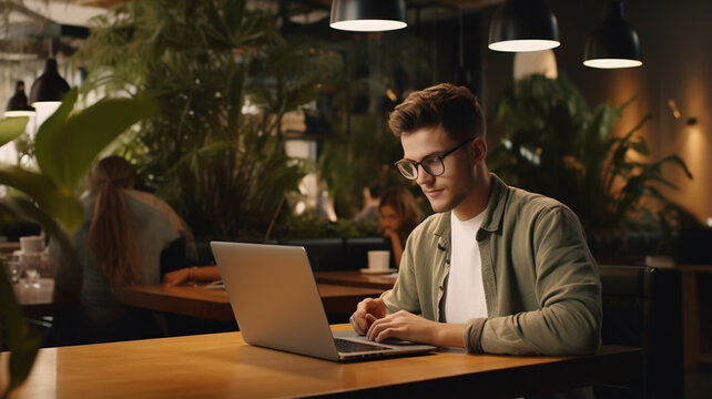 young man using laptop in cafe. handsome hipster guy working in modern loft office