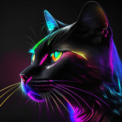 Abstract neon black cat side view pet animal closeup macro digital wallpaper background generative ai