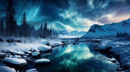 Tranquil Landscape Under the Northern Lights: A Spectrum of Colors in Nature's Night Sky