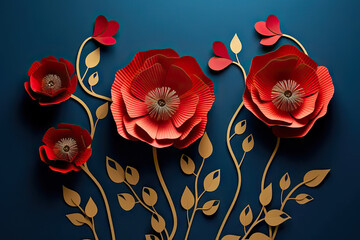 Poppy Embrace Remembrance Day Tribute with Red Poppies on a Blue Background, Symbolizing Peace in Paper Cut Art Style. created with Generative AI