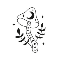 Magical boho mushroom with leafy twigs, moon and stars.