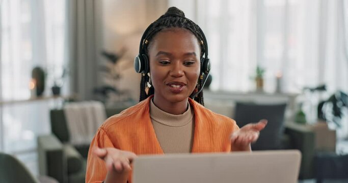 Black woman, webinar in home office with laptop and video call, remote work and crm in apartment. Virtual assistant at desk with computer, headset and conversation for advice, online chat and support