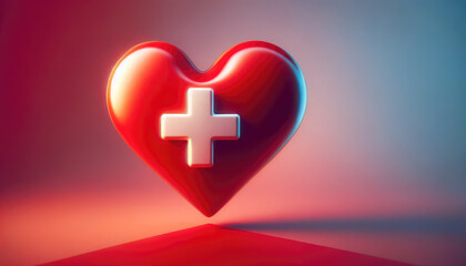 Red heart with white cross sign isolated on gradient background. Blood donor concept.
