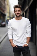 Male model in longsleeve white shirt, street photography, clothing, stock