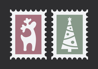 Christmas Postmarks Postage Stamp for Envelope Letter to Santa Claus with Reindeer and Christmas Tree