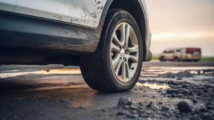 Gros plan sur un pneu sale d'une voiture stationnée à côté d'une flaque d'eau sur une route endommagée. - obrazy, fototapety, plakaty