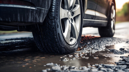 Gros plan sur le pneu mouillé d'une voiture sur une route goudronnée avec des flaques d'eau. - obrazy, fototapety, plakaty