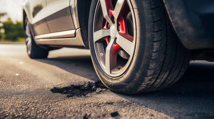 Un pneu de voiture proche d'un nid-de-poule sur une route. - obrazy, fototapety, plakaty
