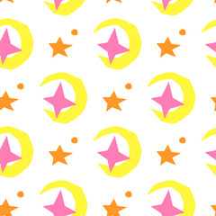 Seamless pattern with cut out moon and stars.