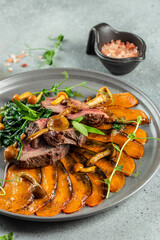 sliced veal steak, mushrooms with sweet potato and spinach, banner, menu, recipe place for text, top view