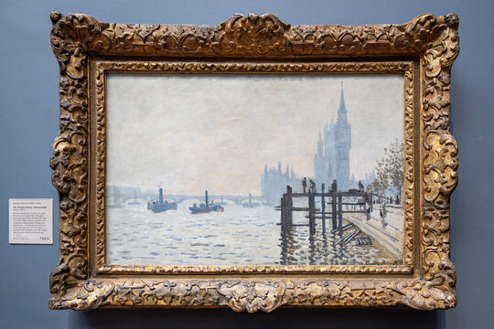 London, UK - May 19, 2023: The Thames below Westminster by French Impressionist Claude Monet, exposed at National Gallery of London