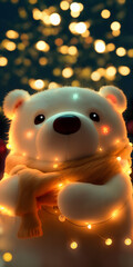 Christmas bear with a scarf surrounded by christmas lights