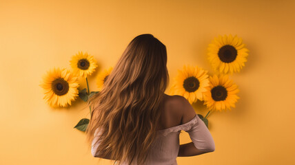 beautiful brunette woman with a bouquet of yellow sunflowers in her hands.