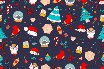 Seamless pattern, holiday, Christmas, New Year, trees, garlands, cookies, toys, skates, illustration, celebration, christmas, decoration, seamless pattern, vector, tree, winter, new year, santa claus,