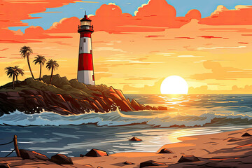 a beach with a lighthouse in the background, with the sun setting in the background (Illustration, Drawing)