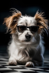 Naklejka premium Portrait of cute dog in sunglasses laying on the checkerboard floor on black background