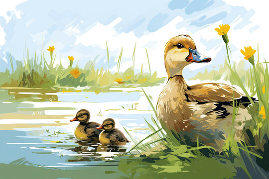 A baby duckling following its mother through a meadow (Illustration, Drawing)