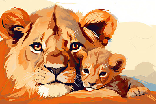 A baby lion cub resting its head on its mother's paw (Illustration, Drawing)