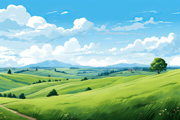 Fototapeta premium A peaceful and serene countryside with rolling hills and a clear blue sky. (Illustration, Drawing)
