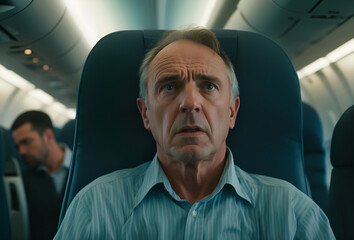 Scared mature man in a plane