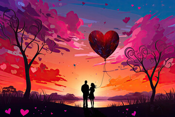 A silhouette of a couple embracing against a backdrop of a colorful sunset sky, with a heart-shaped balloon in the foreground (Illustration, Drawing)