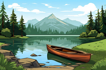 An image of a small wooden boat in a lake surrounded by lush green trees and mountains in the background (Illustration, Drawing) - obrazy, fototapety, plakaty