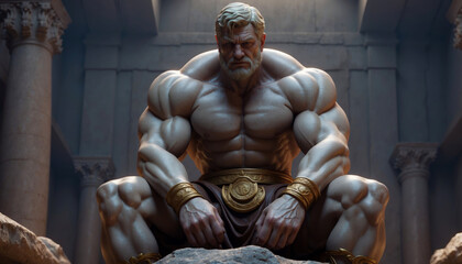 A hulking, muscular giant in a temple.