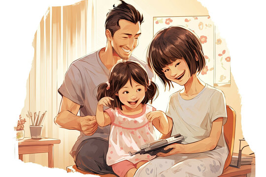 asian family with two young girls having hair cuts together at home (Illustration, Drawing)