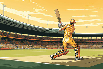 Cricket player hitting a six with a packed stadium. (Illustration, Drawing)