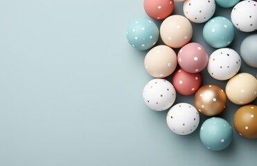 easter eggs and frame surrounded on a blue table,