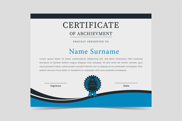 ppreciation & Achievement Certificate Template Design.Black and blue color. Clean modern certificate with Blue badge. Certificate border template with luxury. 
